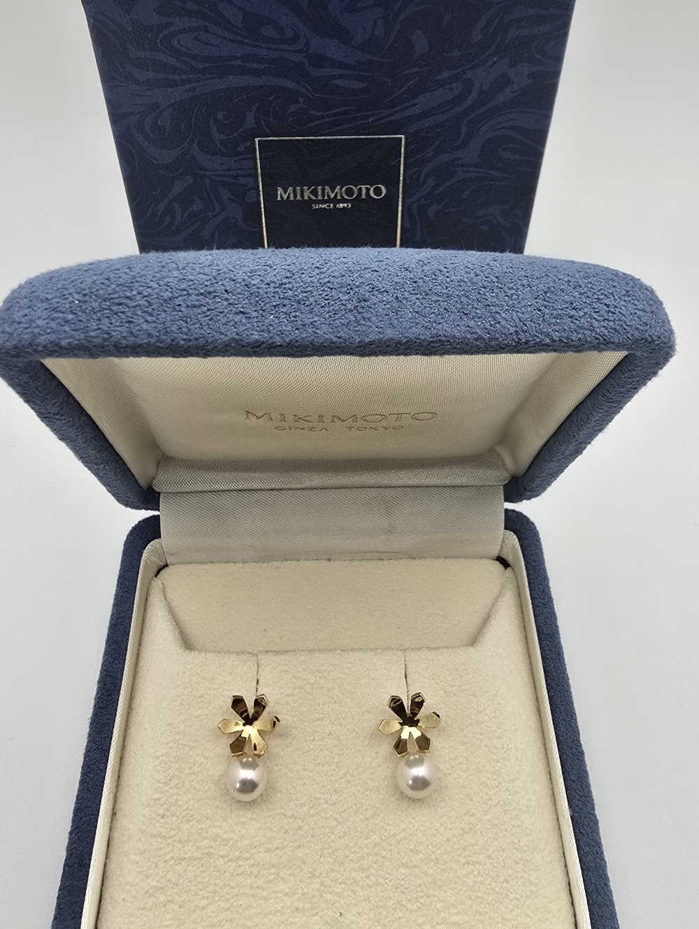 Rare Estate Mikimoto 18K Yellow Gold Flower Pearl Drop Earrings